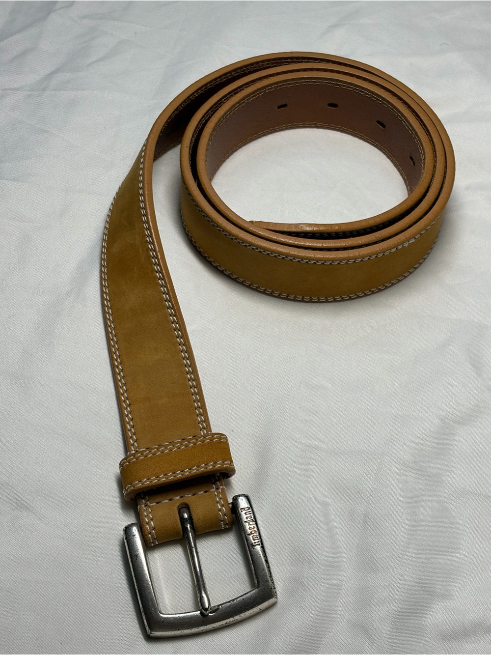 Timberland Men's Mustard Tan Leather Belt with Contrast Stitching